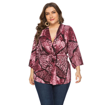 Plus Size Women Spring Autumn Loose Snake Pattern Lace Up Top