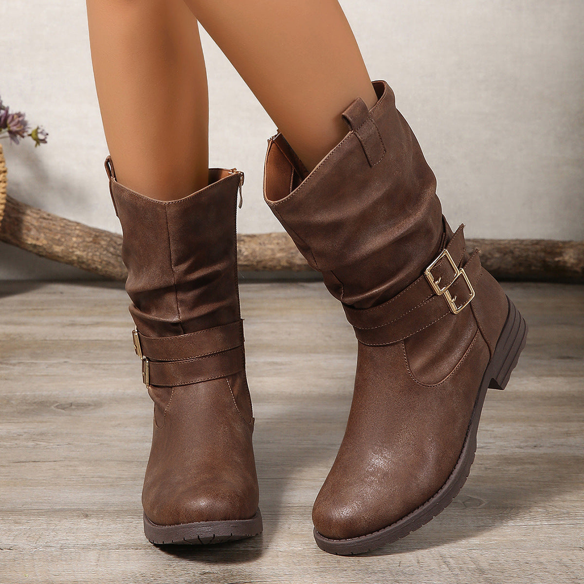 Western Denim Mid-Calf Boots for Women Chain Rivet Chunky Heel Knight Boots