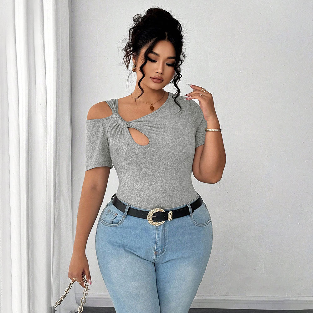 Plus Size Women Summer Simple T shirt Twist Design Irregular Asymmetric Short Top