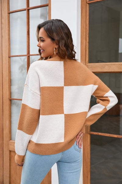 Autumn Winter Sweater Plaid Pullover Sweater Casual round Neck Contrast Color Sweater Women