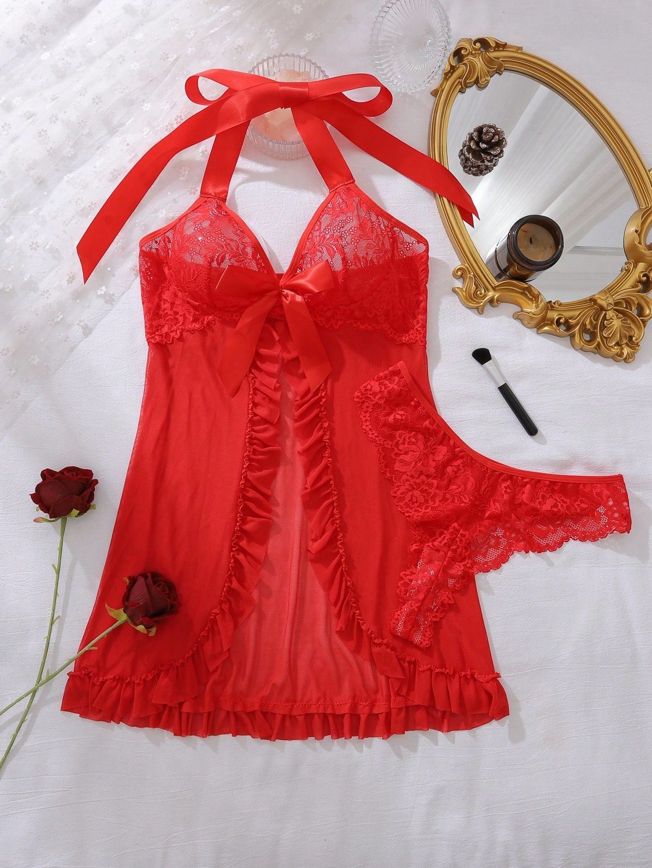 Sexy Lingerie Halter Women Multi Color Mesh Sexy Nightdress Transparent Plus Size Low Cut Pajamas