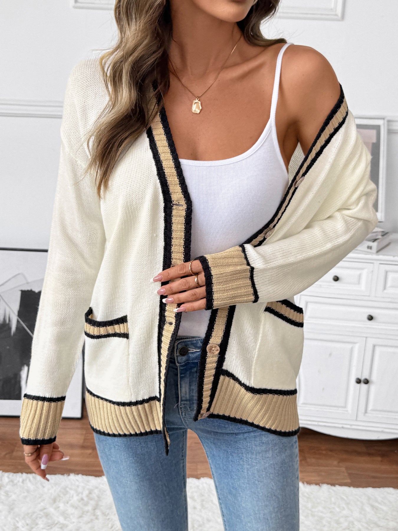 Autumn Winter Workplace Casual Laid Back Loose V Collar Contrast Color Sweater Cardigan for Women