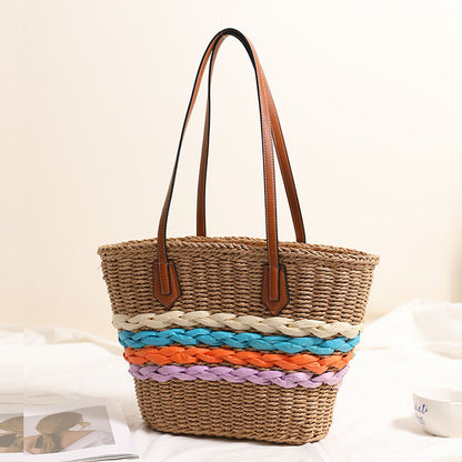 Bohemian One Shoulder Straw Bag Rainbow Stripes Straw Bag Woven Bag Vacation Beach Bag Women Bag