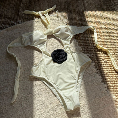 Contrast Color Pattern Accessories Siamese Fit Lace up Cutout Swimwear Swimsuit Sexy Backless