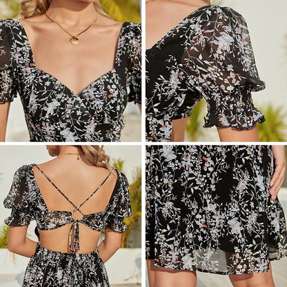 Women V-neck Puff Short Sleeve Backless A- line Back Lace-up Criss Cross Elegant Print Blouse Mini Dress