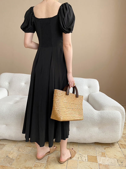 Elegant Atmosphere Pleated Square Collar Lace up Puff Sleeve Waist Slit Dress