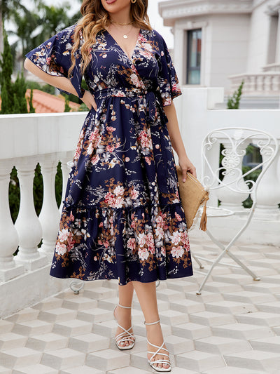 Plus Size Summer V neck Dark Blue Printed Dress