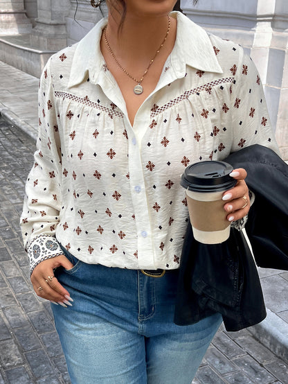 Women Shirt Top Beige Printing Hollow Out Cutout Design Polo Collar Casual Top