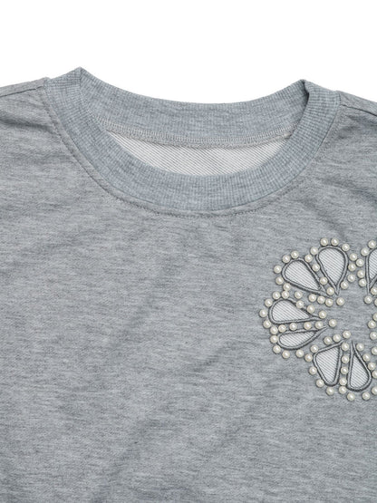 Floral Beaded Top Autumn Winter Women Clothing round Neck Loose Casual Hollow Out Cutout out Pullover Sweater