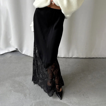 Design Lace Stitching See through Skirt Women Spring Autumn Office Hip Skirt