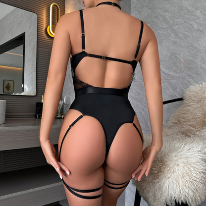 Sex Clothing Lace Sexy Low Cut Jumpsuit Sexy off Shoulder Halter Hollow Out Cutout out See through Sling Women