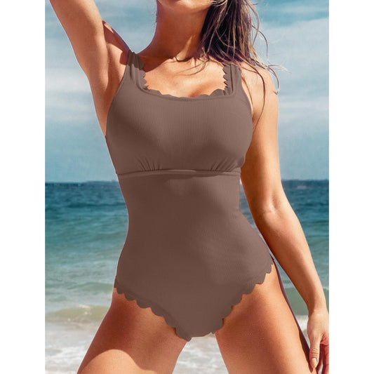 Cut Floral Conservative Solid Color One Piece Swimsuit Women Bikini Swimsuit