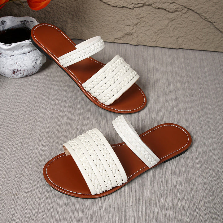Knitted Belt Flat Slippers Women Outdoor Wear Stylish Lightweight Solid Color Beach Sandals - GLAMWEARS