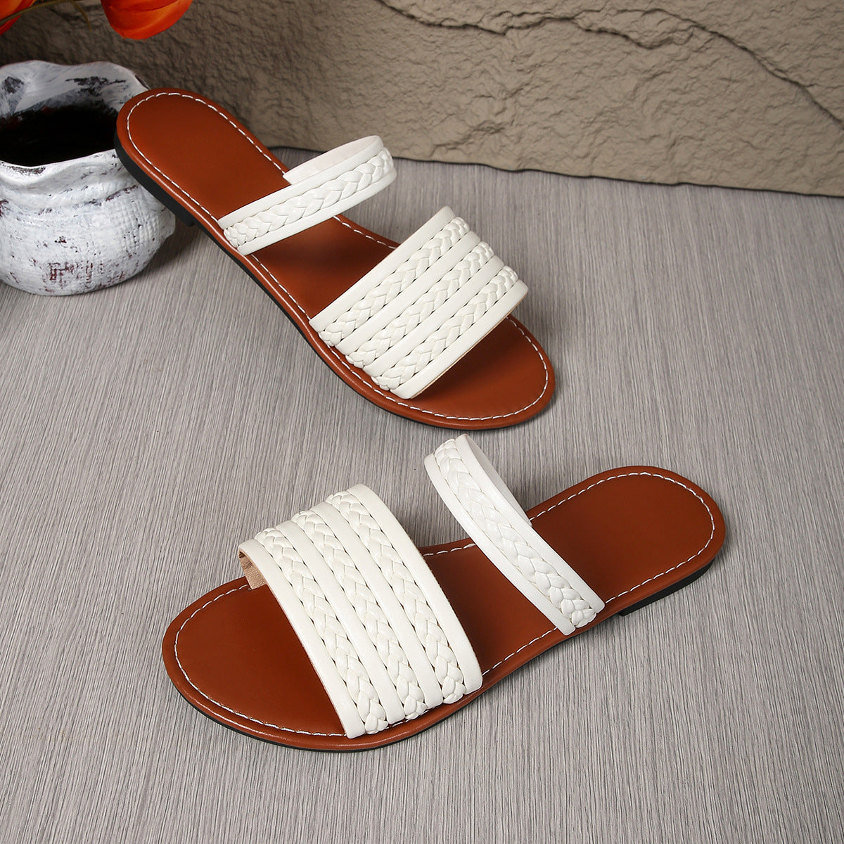 Knitted Belt Flat Slippers Women Outdoor Wear Stylish Lightweight Solid Color Beach Sandals