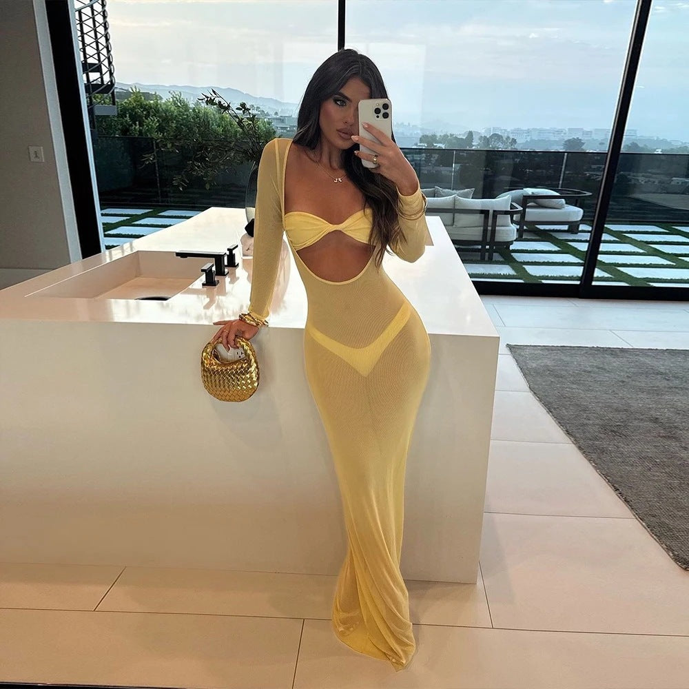Bikini Three Piece Sets Tube Top Sexy Mesh Solid Color Split Swimsuit Women Dress Long Sleeve