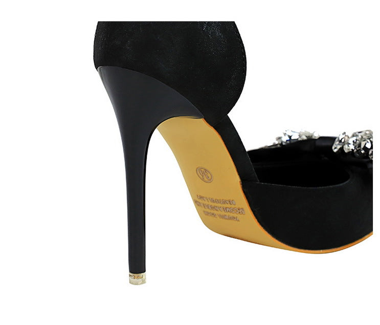 High Heels Stiletto Low Cut Pointed Side Hollow Out Cutout Cloth Surface Ultra High Heel Rhinestone Bow Pumps