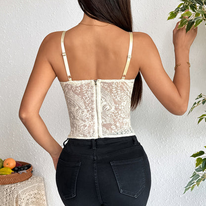 Summer Sweet Girl Solid Color Embroidered Rope Zipper Shaped Slim Fit Transparent Camisole