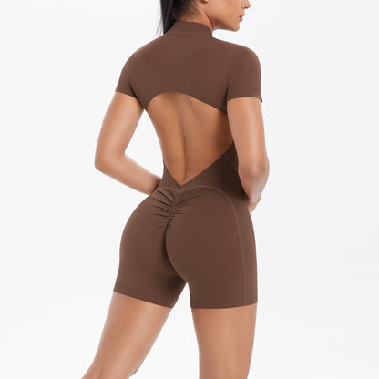 Hollow Out Cutout Beauty Back Short Sleeve Zipper Jumpsuit Peach Hip Sports Fitness Bare Back Jumpsuit Yoga Clothes for Women