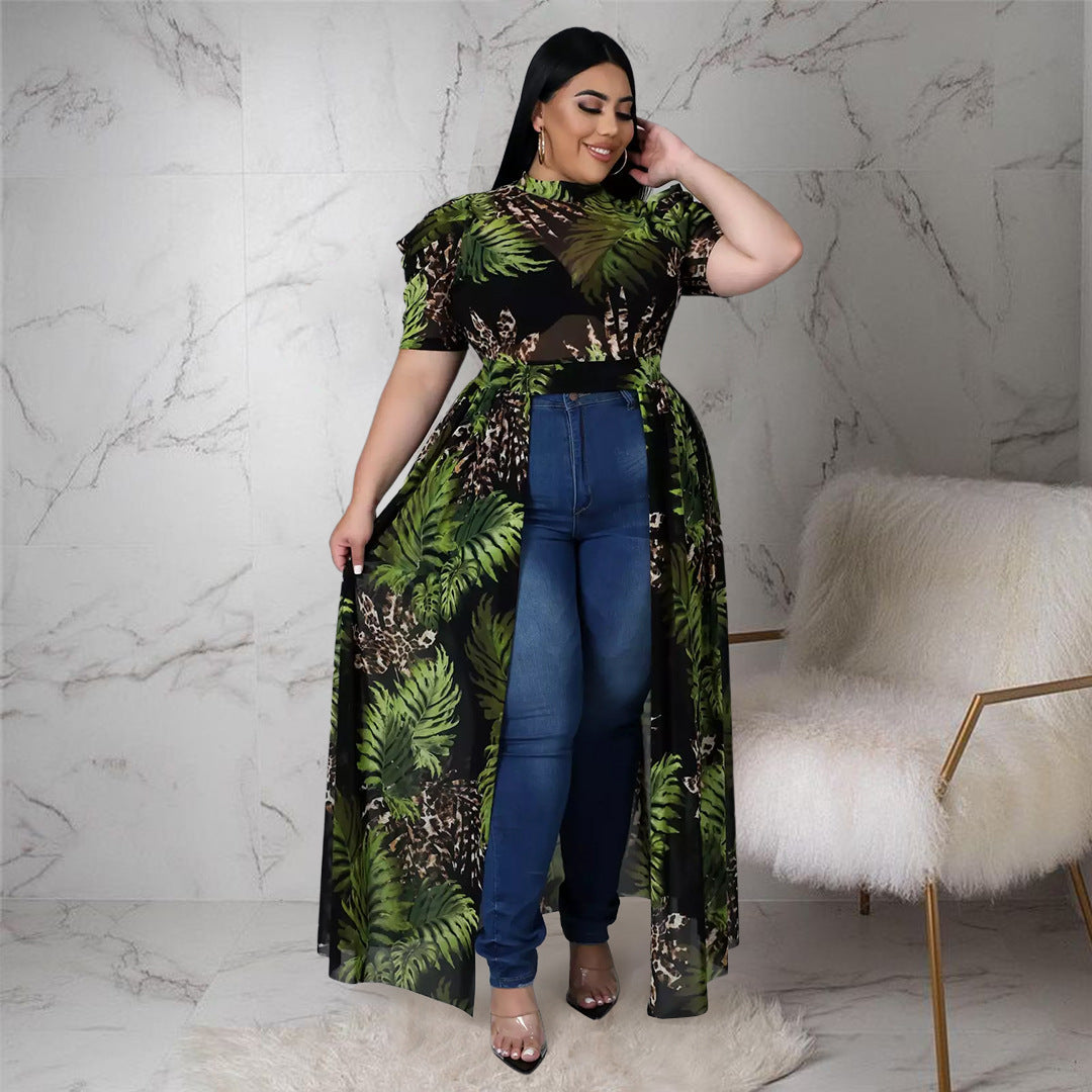plus Size Women Nightclub Uniforms Oversleeves Mesh Hollow Out Cutout Dress Top