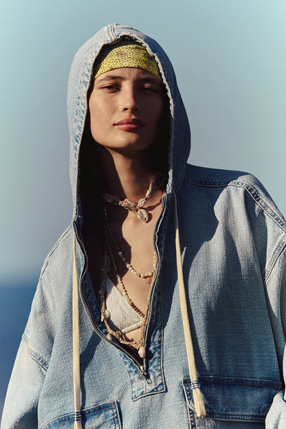 Autumn Loose Casual Washed Hooded Denim Long Sleeved Tops