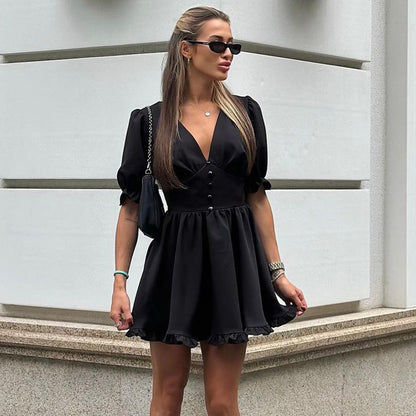 Women Clothing Summer French Puff Sleeve High Waist A line Dress Sexy V neck Waist Black Dress