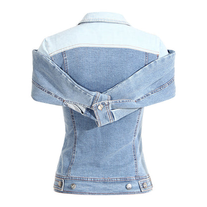 Sweet Cool Stacked Shirt Slimming Denim Shirt Spring Summer Color Matching Faux Two Piece off Shoulder Waist Tight Denim Shirt for Women