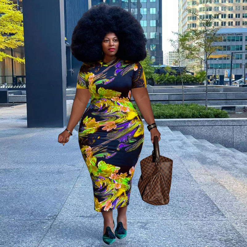 Plus Size Summer New Floral Printed Sexy Tight Dress