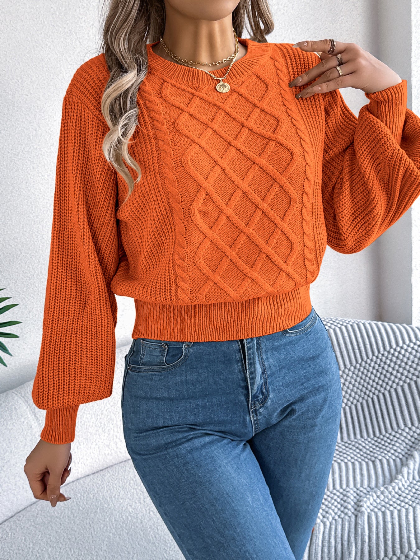 Autumn Winter Solid Color Twist Lantern Long Sleeve Waist Tight Pullover Women Clothing