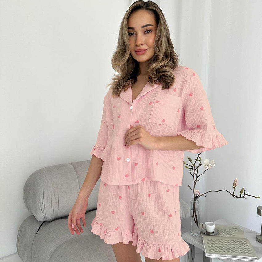 Summer Women Pajamas Crepe Cotton Heart Printing Short Sleeved Shorts Two Piece Home Wear