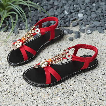 Bohemian Beaded Flat Sandals Women National Open Toe Beach Sandals
