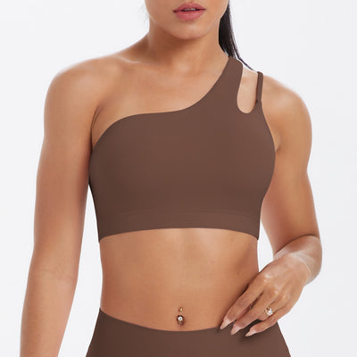 Solid Color One Shoulder Beauty Back Yoga Bra Nude Feel Push up Sports Bra Irregular Asymmetric Shoulder Strap Sports Vest for Women