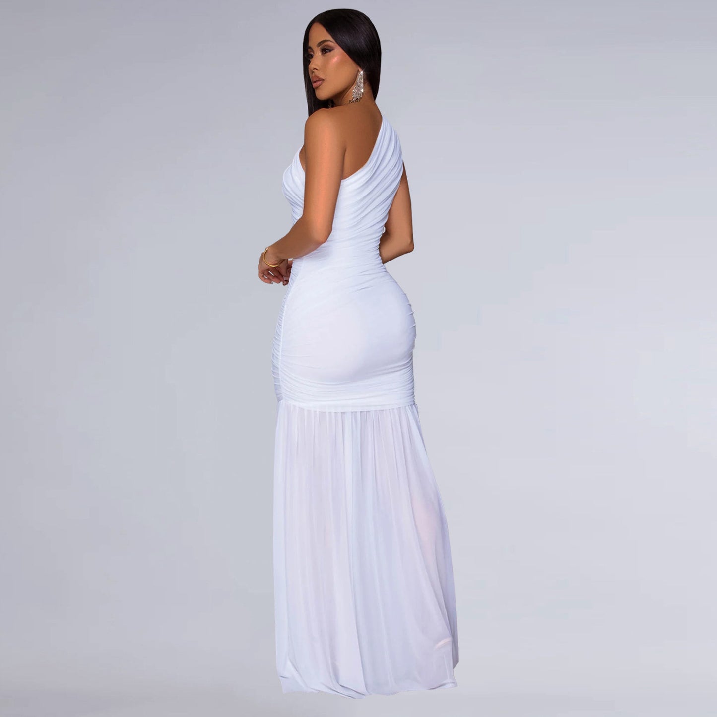 Women Wear Shoulder Sexy See through Solid Color Dress