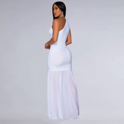 Women Wear Shoulder Sexy See through Solid Color Dress