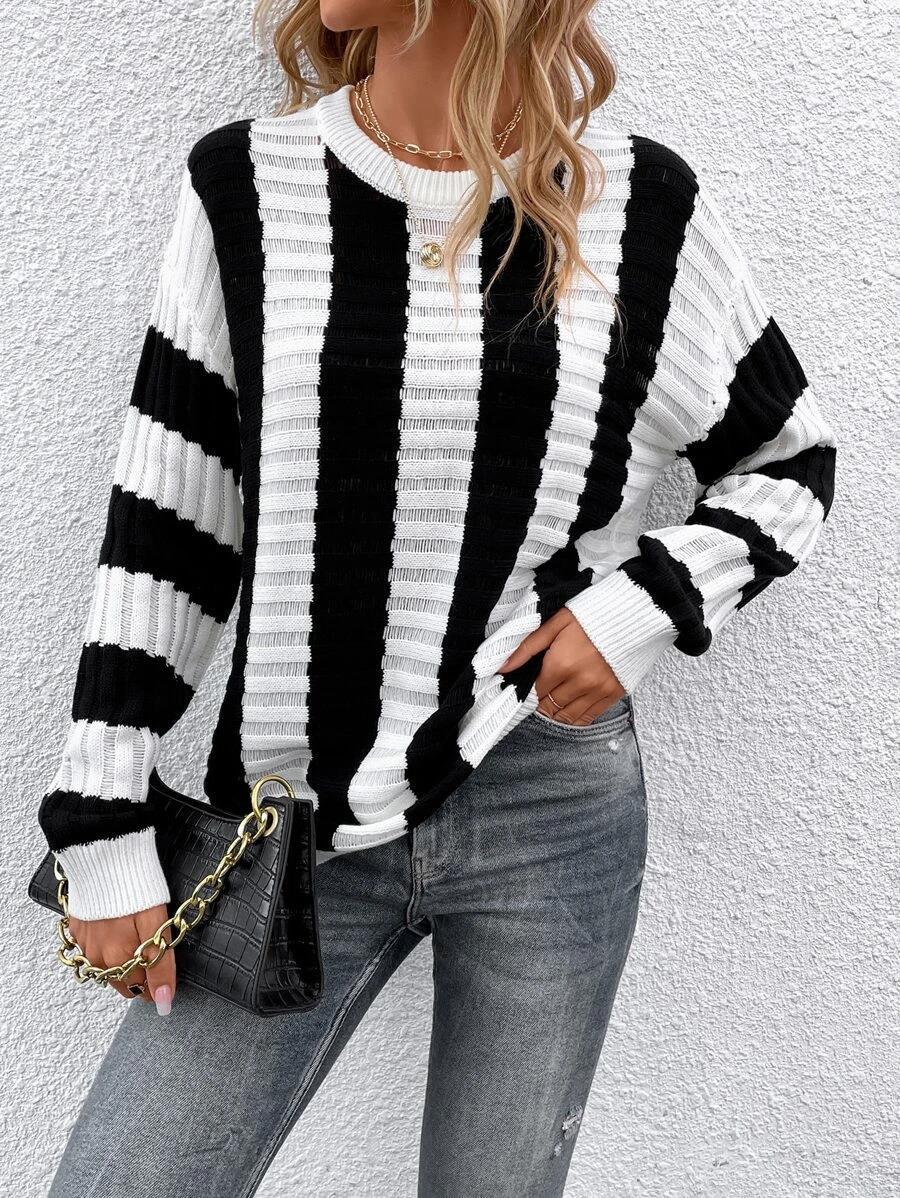 Spring Loose Sweater Women Striped Hollow Out Cutout out Long Sleeved Sweater