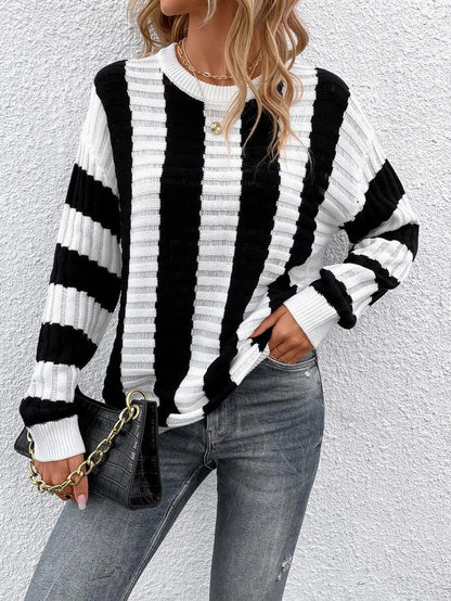 Spring Loose Sweater Women Striped Hollow Out Cutout out Long Sleeved Sweater