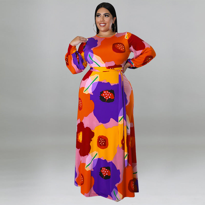 Plus Size Women Clothing Long Sleeve Dress Large Floral Printing Dress Long