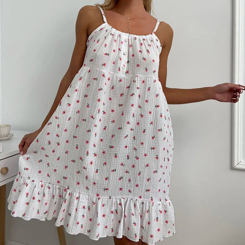 Summer Sling Cotton Printed Nightdress Homewear Pajamas Women Outerwear