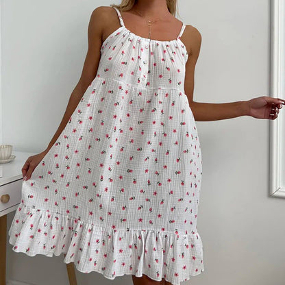 Summer Sling Cotton Printed Nightdress Homewear Pajamas Women Outerwear