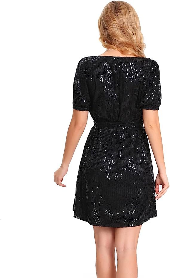 Women Short Sleeve V neck Sequ Mini Sequin Dress with Belt Shiny Cocktail Party Dress Elegant