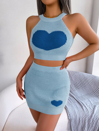 Spring Summer Casual Love Contrast Color Cropped Top Bag Hip Skirt Set Women Clothing