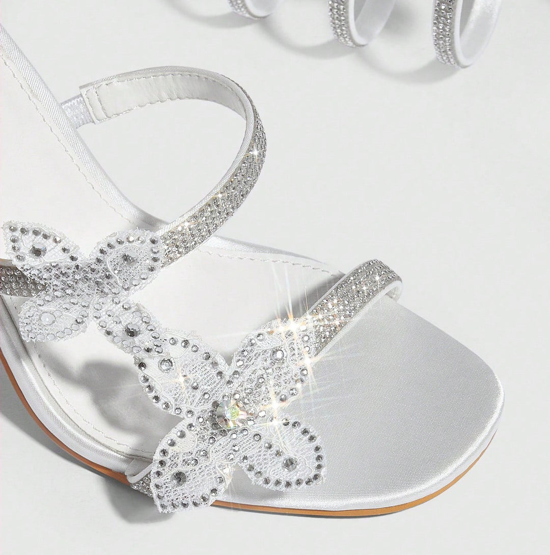 11cm Stiletto Heel White Pink Square Head Women Summer High Heel Sandals Women Rhinestone Floral Heels - GLAMWEARS