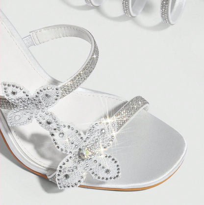 11cm Stiletto Heel White Pink Square Head Women Summer High Heel Sandals Women Rhinestone Floral Heels