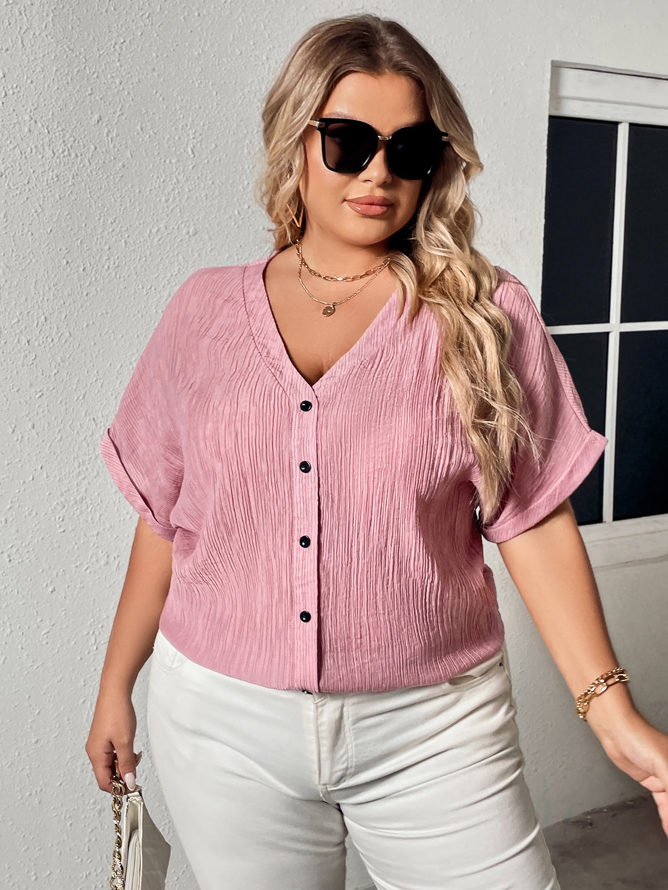 Plus Size Summer Autumn Linen V neck Buttons Loose Slimming Short Sleeve Shirt Top Women