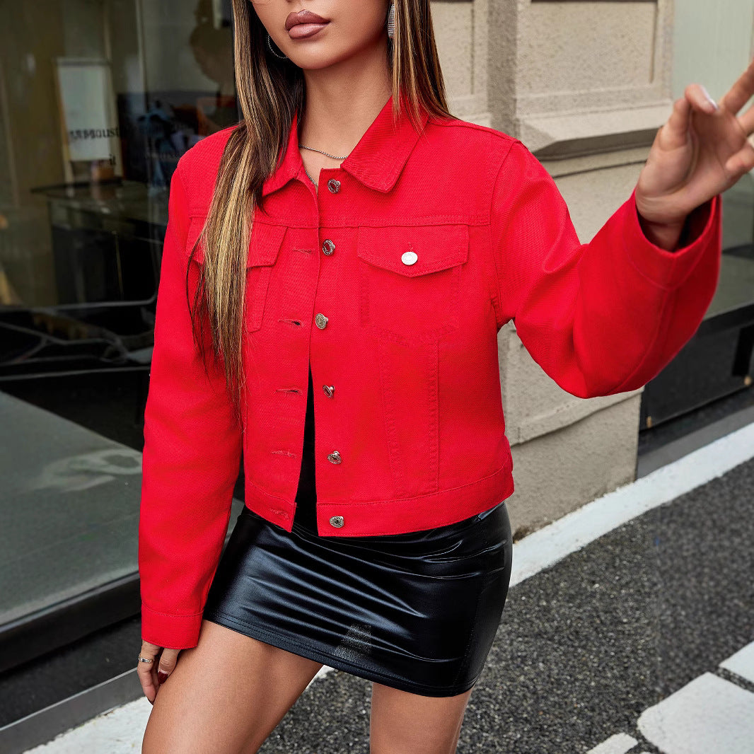 Color Denim Short Jacket Real Pocket Women Solid Color Coat Short Top