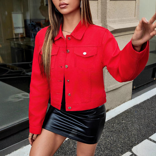 Color Denim Short Jacket Real Pocket Women Solid Color Coat Short Top