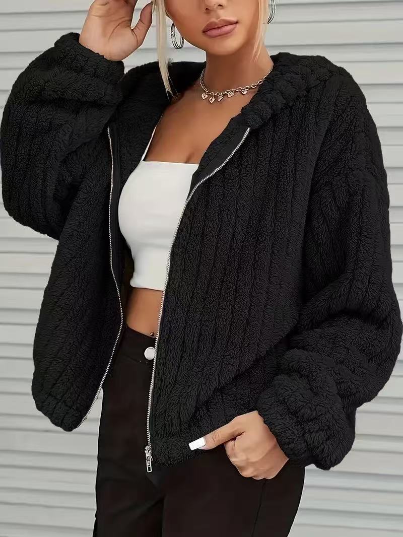 Popular Solid Color Double-Sided Plush Zipper Cardigan Decoration Ears Casual Autumn Winter Plush Coat