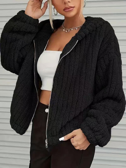 Popular Solid Color Double-Sided Plush Zipper Cardigan Decoration Ears Casual Autumn Winter Plush Coat