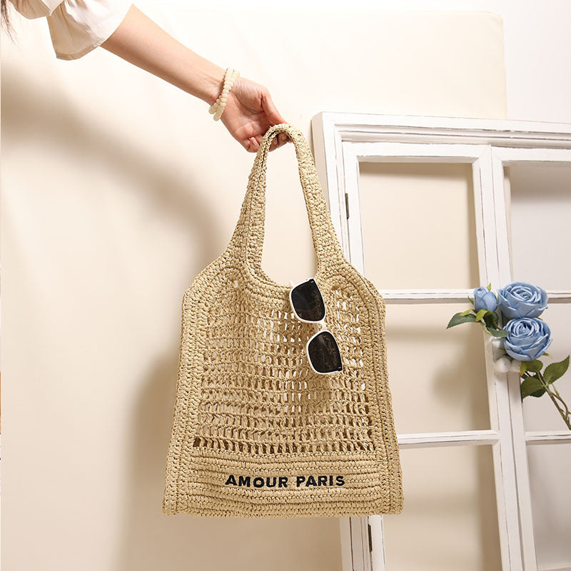 Summer Straw Woven Bag With Lace Up Pattern Suitable For Women Beach Vacation Beach Bag - GLAMWEARS