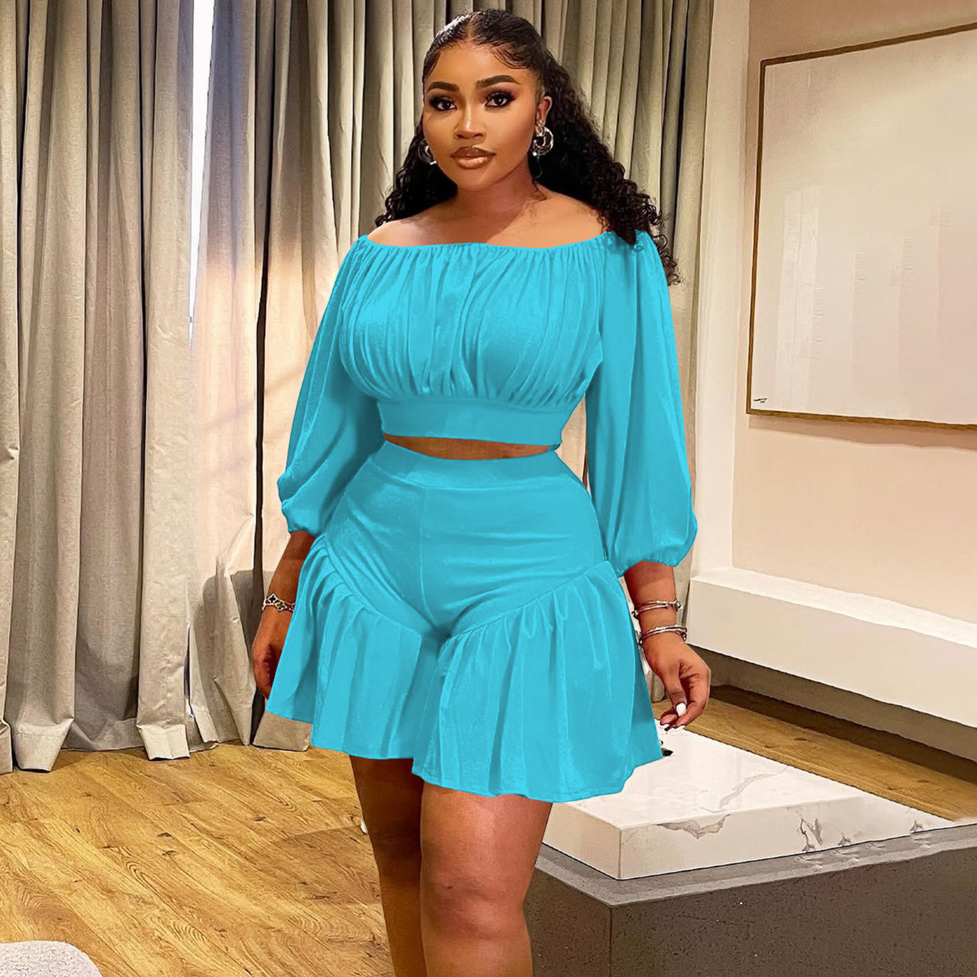 plus Size Women Clothing Pleated off Neck Fluffy Waist Trimming Casual Two Piece Sets