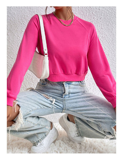 Autumn Winter Women Clothing Long Sleeve round Neck Solid Color Hoodie Women